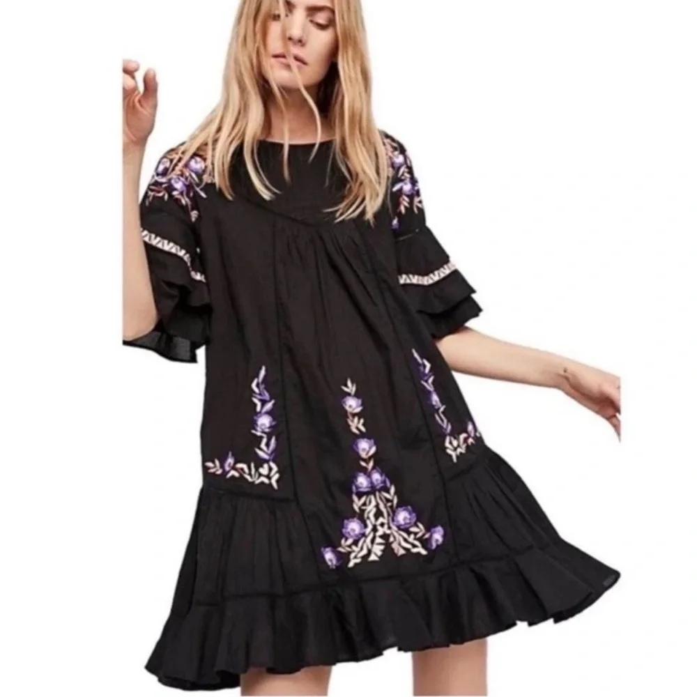Free People Pavlo Embroidered Ruffle Mini Dress Black Women’s  Size Small - Picture 13 of 14